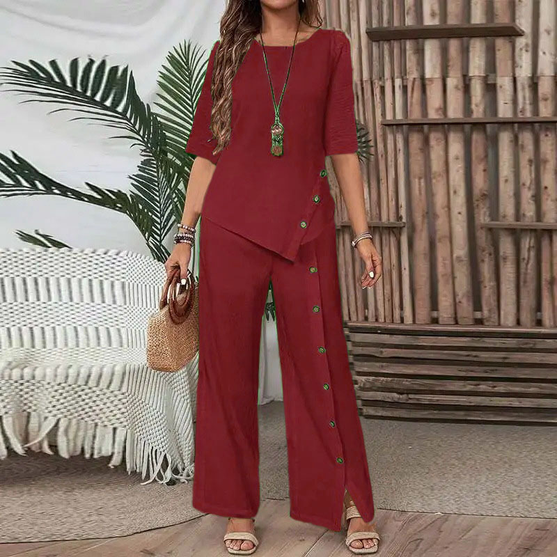 Women's Irregular Hem Top & Wide Leg Pants Two-Piece Set