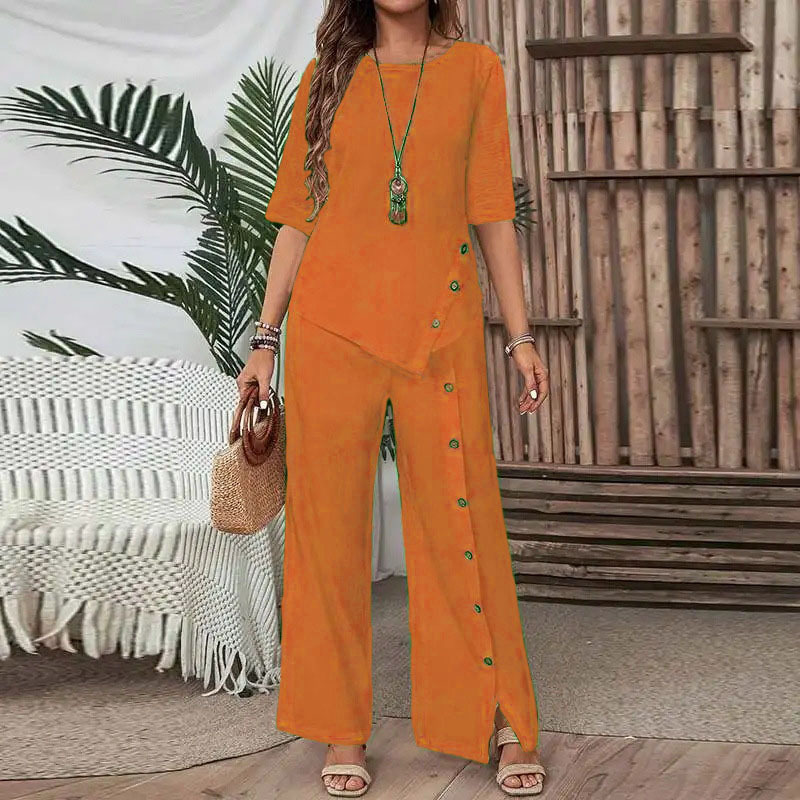 Women's Irregular Hem Top & Wide Leg Pants Two-Piece Set