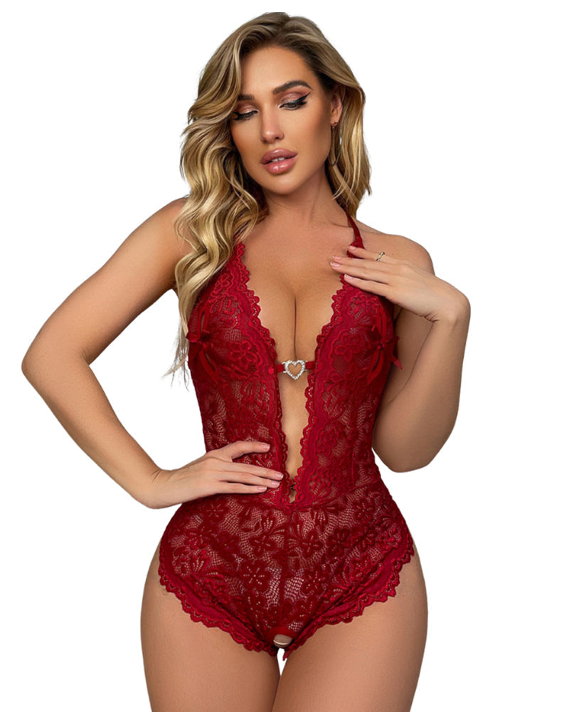 Bridal Floral Lace Scallop Trim Cutout Sheer Crotchless Teddy