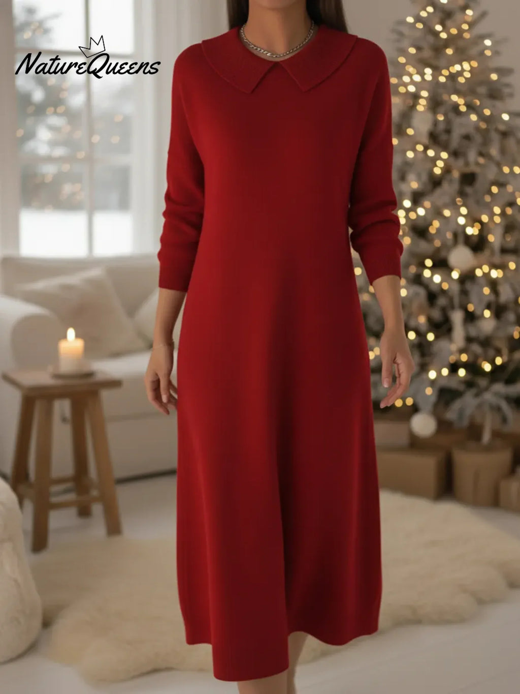 Retro Peter Pan Collar Knit Midi Dress